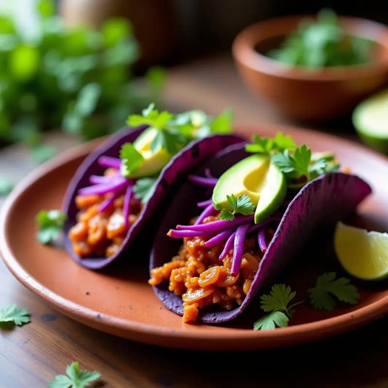 Tacos de Jackfruit Desmenuzado con Salsa de Guayaba y Chile de Árbol en Tortilla Morada
