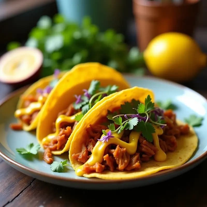 Tacos de jackfruit Desmenuzado con Salsa de Maracuyá y Microgreens: Receta Vegana Explosiva en Colors