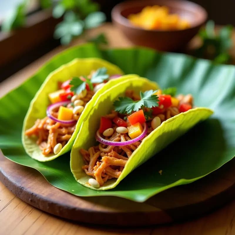 Tacos de Jackfruit en Salsa de Tamarindo y Mango con Base de Hoja de Plátano