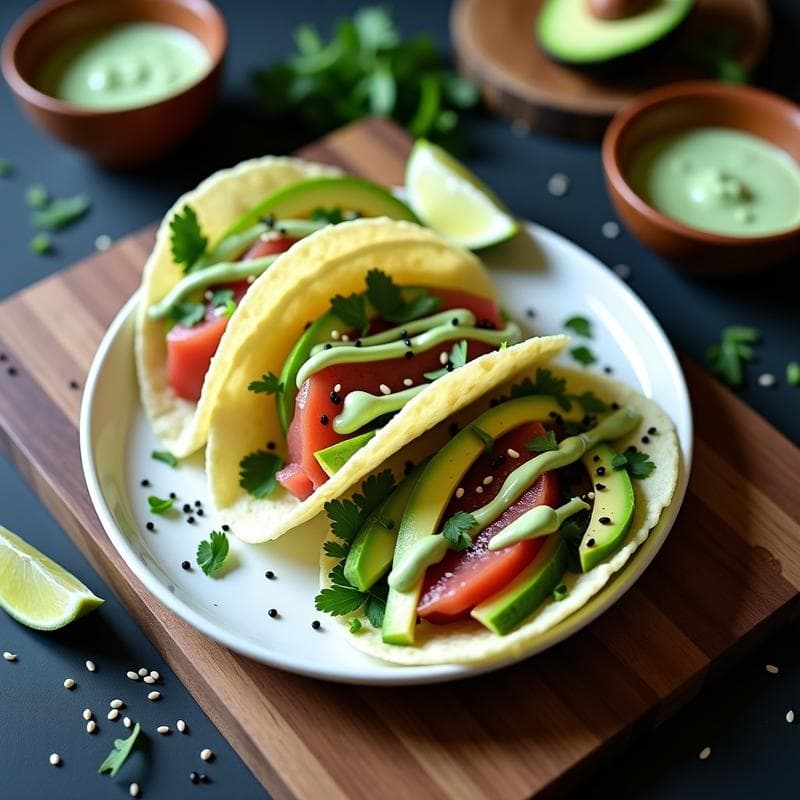 Tacos de Jicama y Atún Ahumado: Receta Crudivegana con Salsa de Wasabi y Sesamo