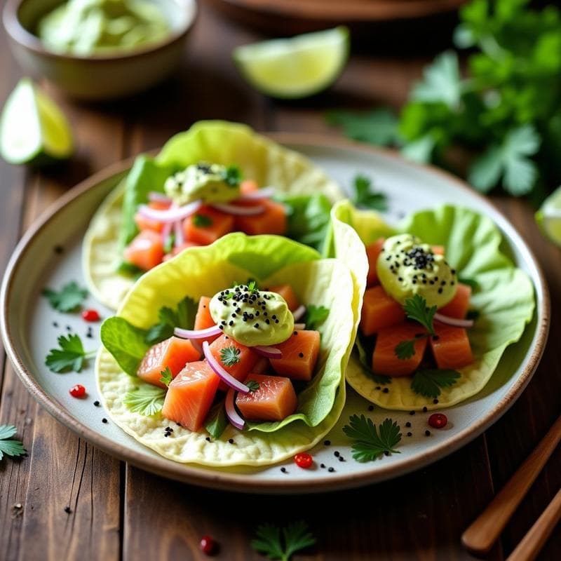 Tacos de Jicama con Ceviche de Salmón y Aguacate: Receta Mexicana Sin Gluten y Crudivegana