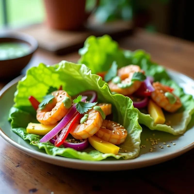 Tacos de camarones de konjac y mango: Receta Fusion Mexicana-Asiática Baja en Calorías con Salsa de Cilantro