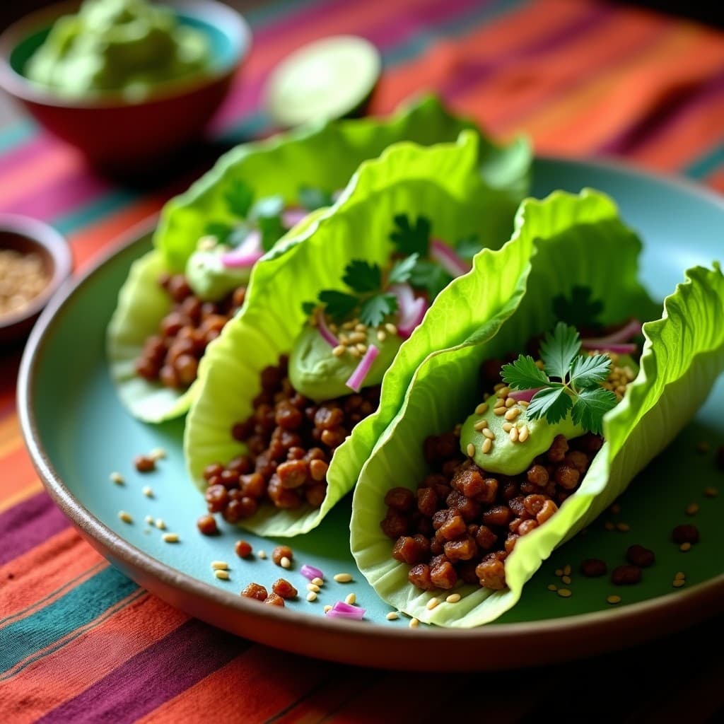 Tacos de lechuga con carne molida de lentejas y guacamole: Receta mexicana vegana