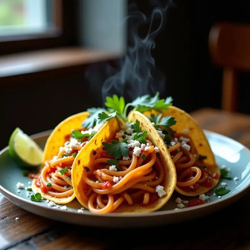 Tacos de Linguini con Salsa de Chipotle y Crema: Receta Mexicana Fusion en Sartén