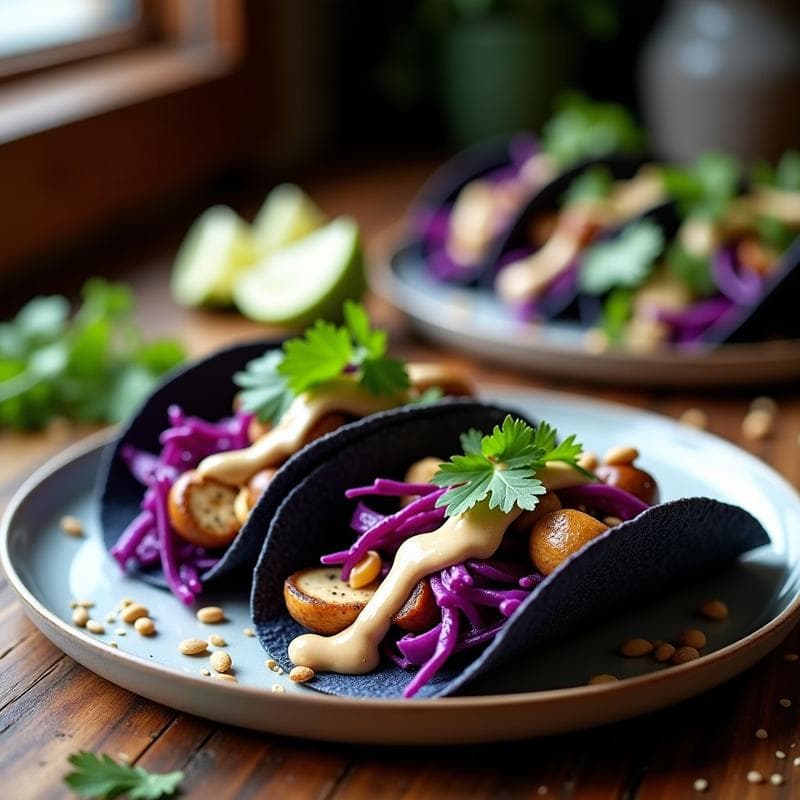 Tacos de Maitake y Col Morada con Crema de Anacardos: Receta Vegana y Crudivegana