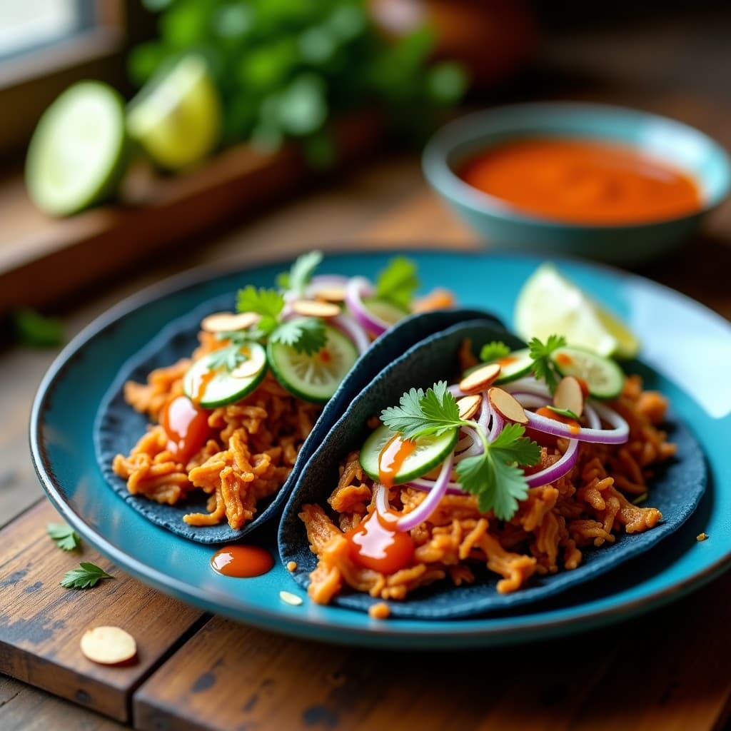 Tacos de Maíz Azul con Pull Jackfruit y Salsa de Tamarindo: Receta Mexicana Vegana Crujiente