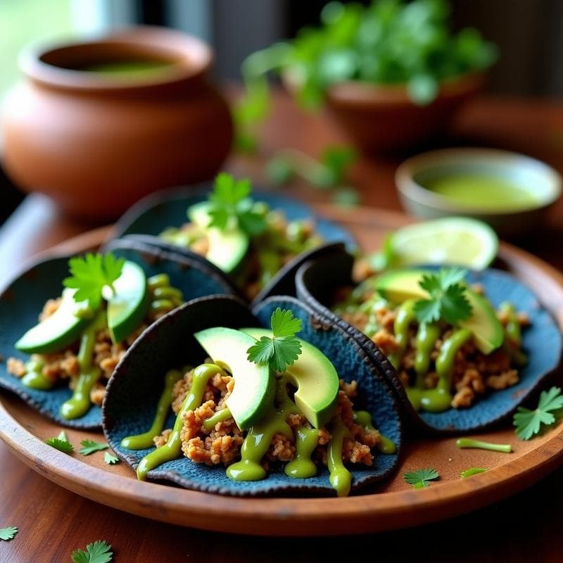 Tacos dełasz Maíz Azul con Hongo Ostra y Mole Verde: Receta Vegana y Sin Gluten en Sartén