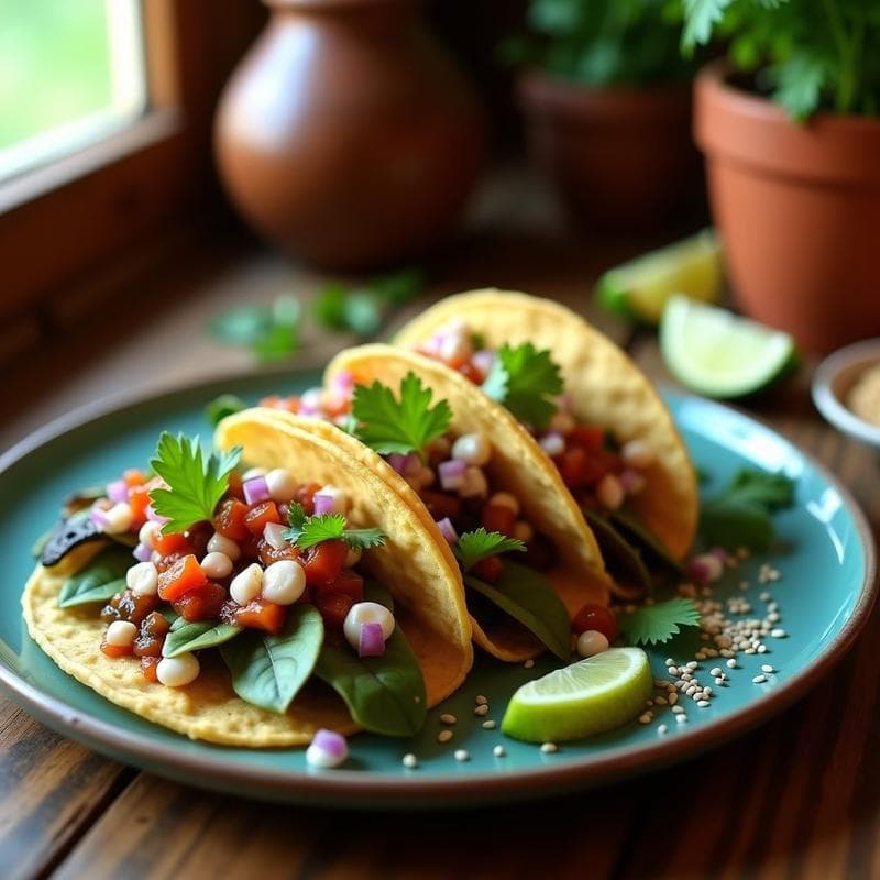 Tacos de Nopales con Salsa de Chiles Pasilla y Crema de Cacahuate: Receta Mexicana Vegana en 20 Minutos