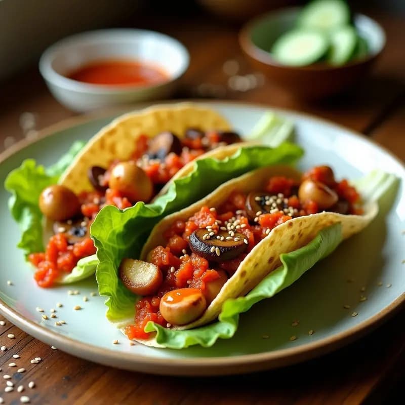 Tacos Onggi Veganos: Receta Coreana con Champiñones Portobello y Kimchi en 25 Minutos