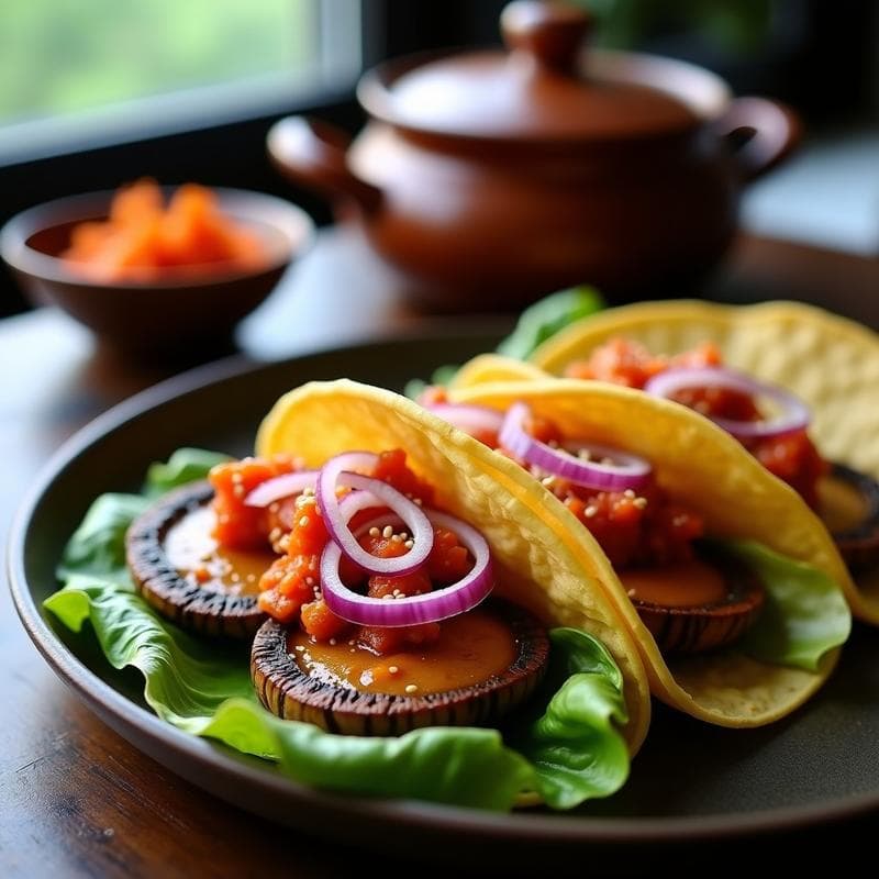Tacos Onggi Veganos: Receta con Hongos Portobello y Kimchi Fermentado en 24 Horas