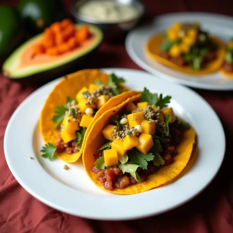 Tacos de Papaya Verde con Encurtidos de Cebolla Morada y Salsa de Mango: Receta Fusion