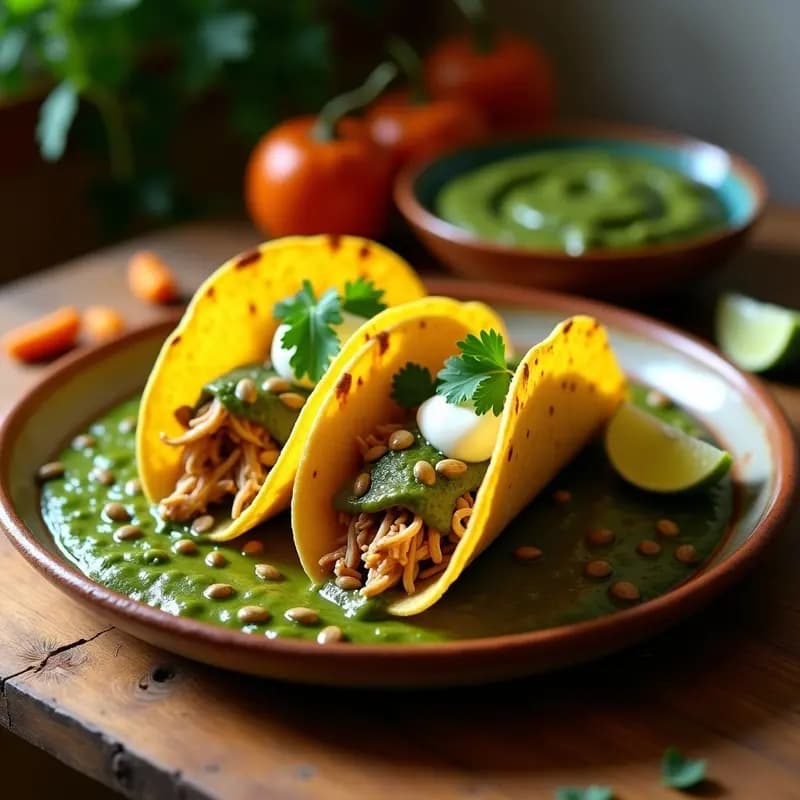Tacos de Pechuga con Mole Pipián Verde: Receta Mexicana en 30 Minutos