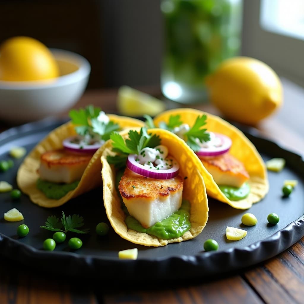 Tacos de Pescado Blanco con Puré de Guisantes y Aire de Limón: Receta Moderna en Airfryer