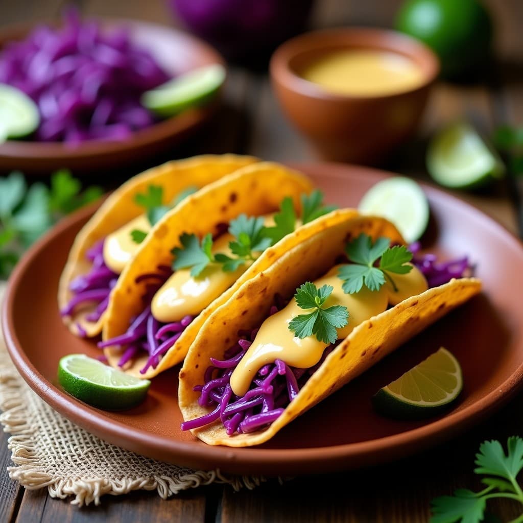 Tacos de Pescado Blanco con Repollo Morado y Aderezo de Yogur de Soja: Receta Mexicana Ligera