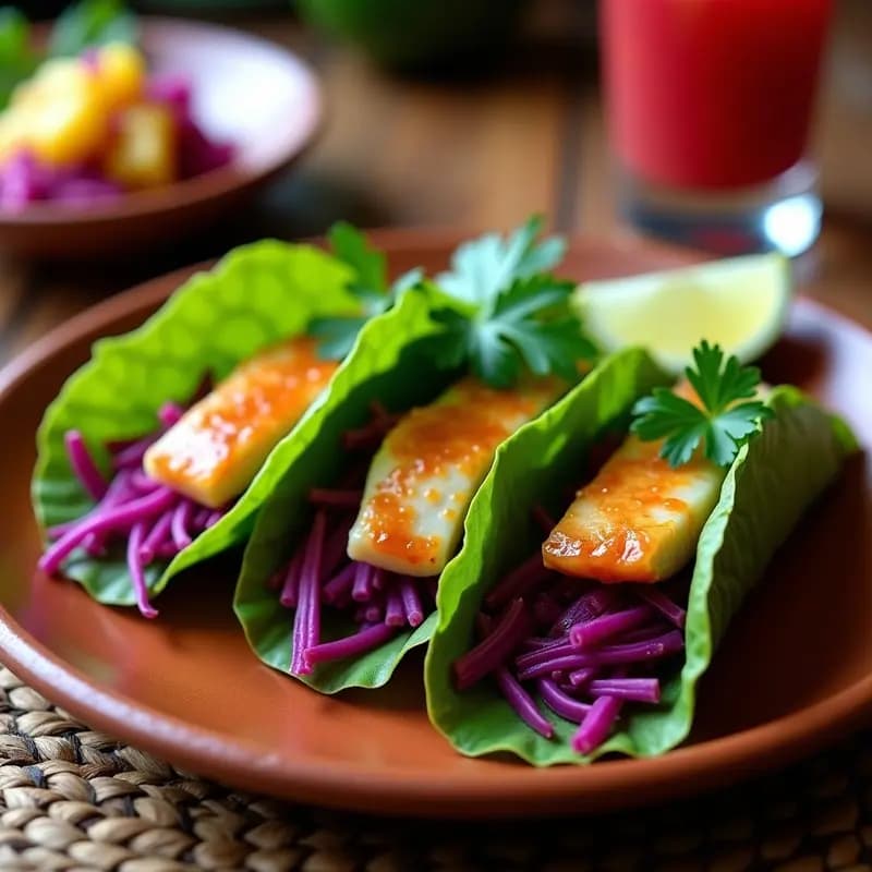 Tacos de Pescado Blanco y Col Morada en Hoja de Lechuja: Receta Mexicana Sin Harina