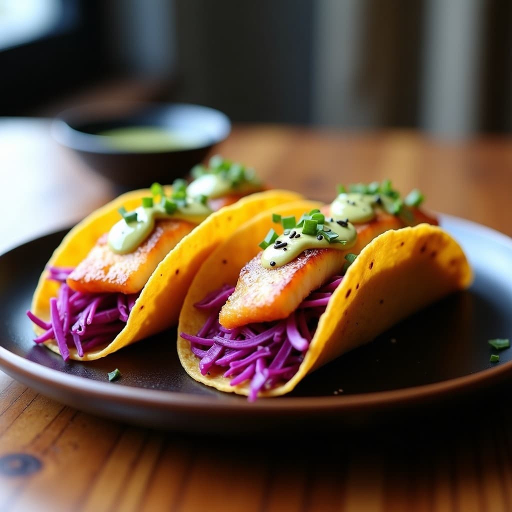 Tacos de Pescado al Miso con Salsa de Wasabi y Col Morada: Receta Japonesa en Airfryer