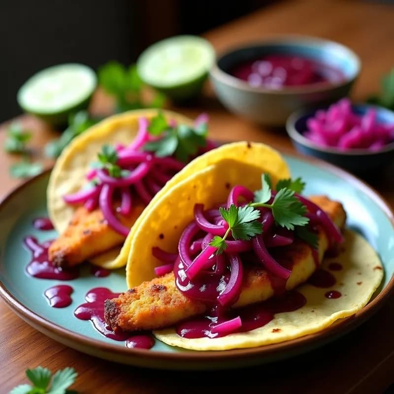 Tacos de Pescado a la Zarza Morada con Encurtido: Receta Peruana Auténtica y Vibrante
