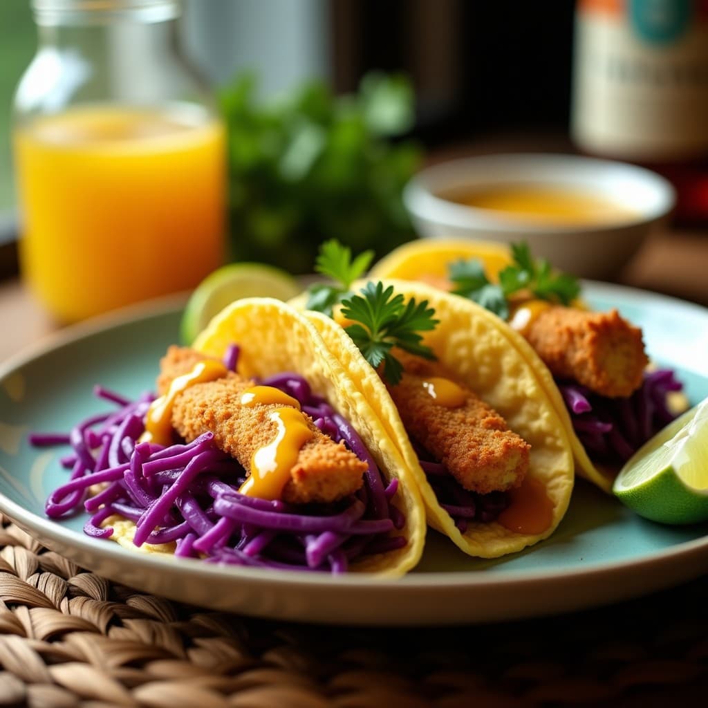 Tacos de Pescao Blanco y Col Morada: Receta Brasilera Crujiente en Airfryer con Aderezo de Limón