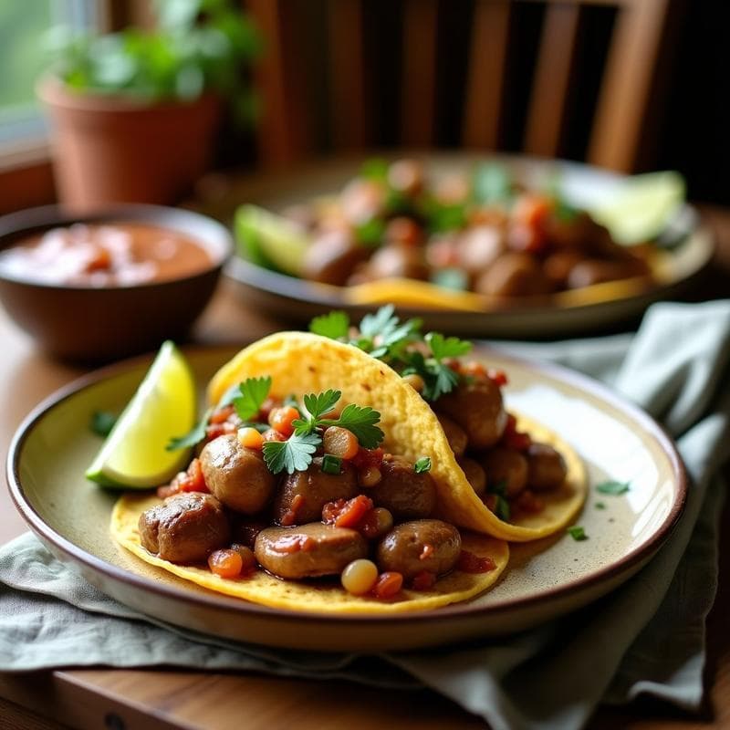 Tacos de Champiñones Portobello y Jackfruit con Salsa de Guajillo: Receta Mexicana Vegana