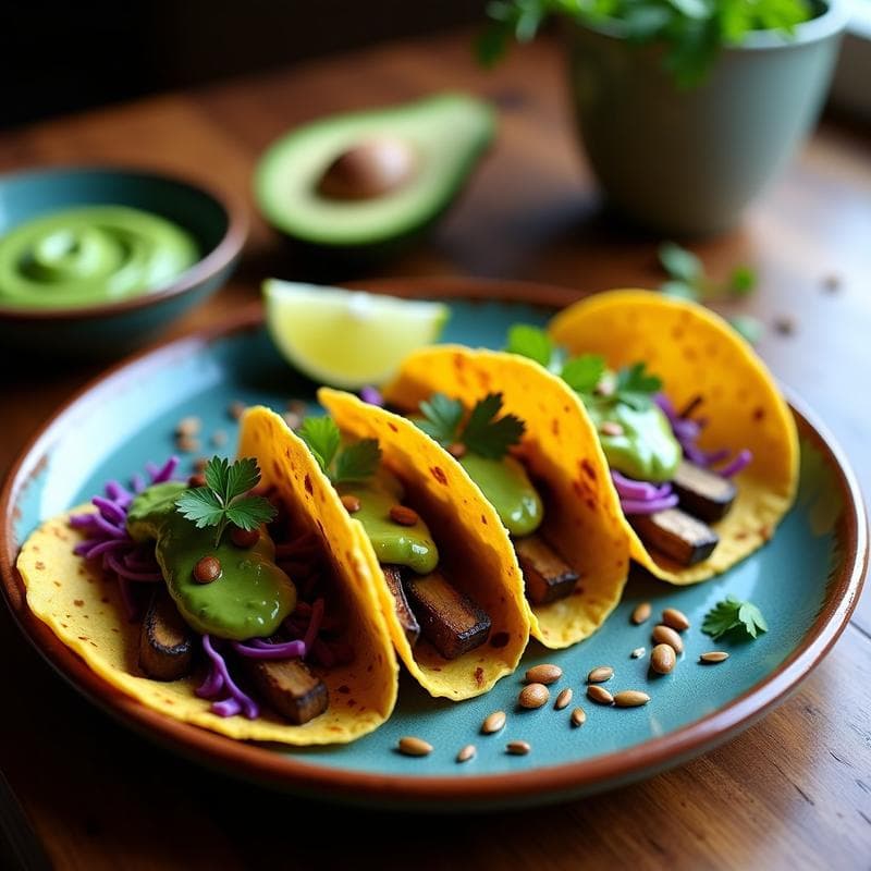 Tacos de Portobello y Rajas de Poblano: Receta Vegana en Sartén con Salsa de Aguacate