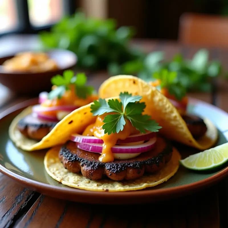 Tacos de Portobello Ahumado con Salsa de Tamarindo y Queso de Anacardos: Receta Vegana con Textura Carnosa