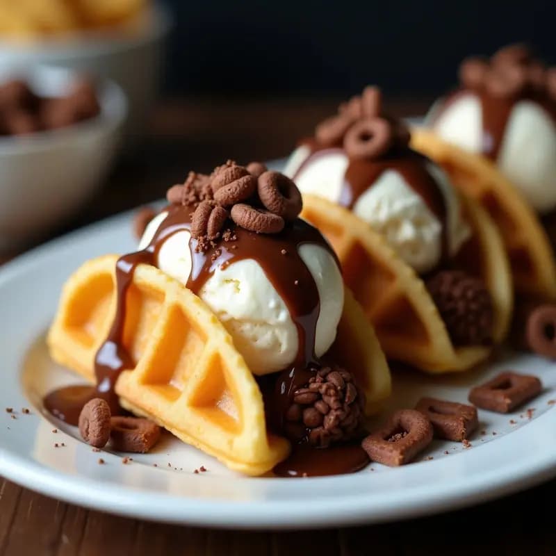 Tacos de Postre con Cáscara de Gofre, Helado, Sirope y Cereales Crujientes