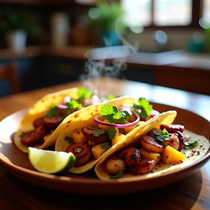 Tacos de Pulpo Ahumado y Mango: Receta Mexicana con Toque Japones en 20 Minutos