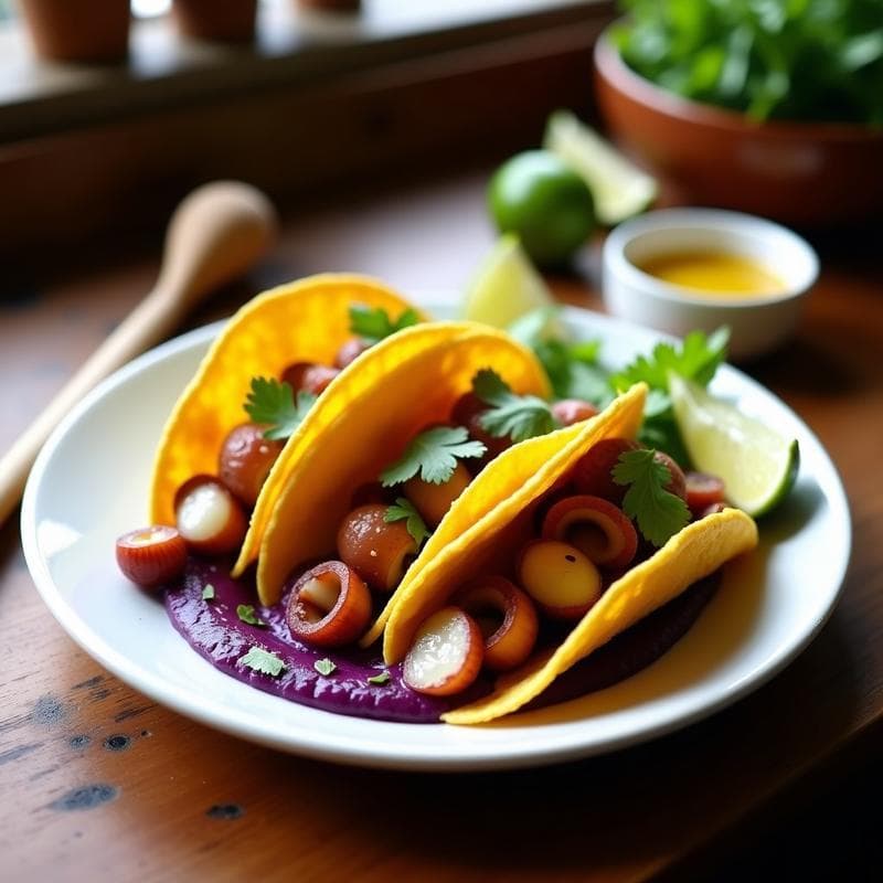Tacos de Pulpo al Ají Amarillo y Puré de Papa Morada: Receta Fusion Peruano-Española