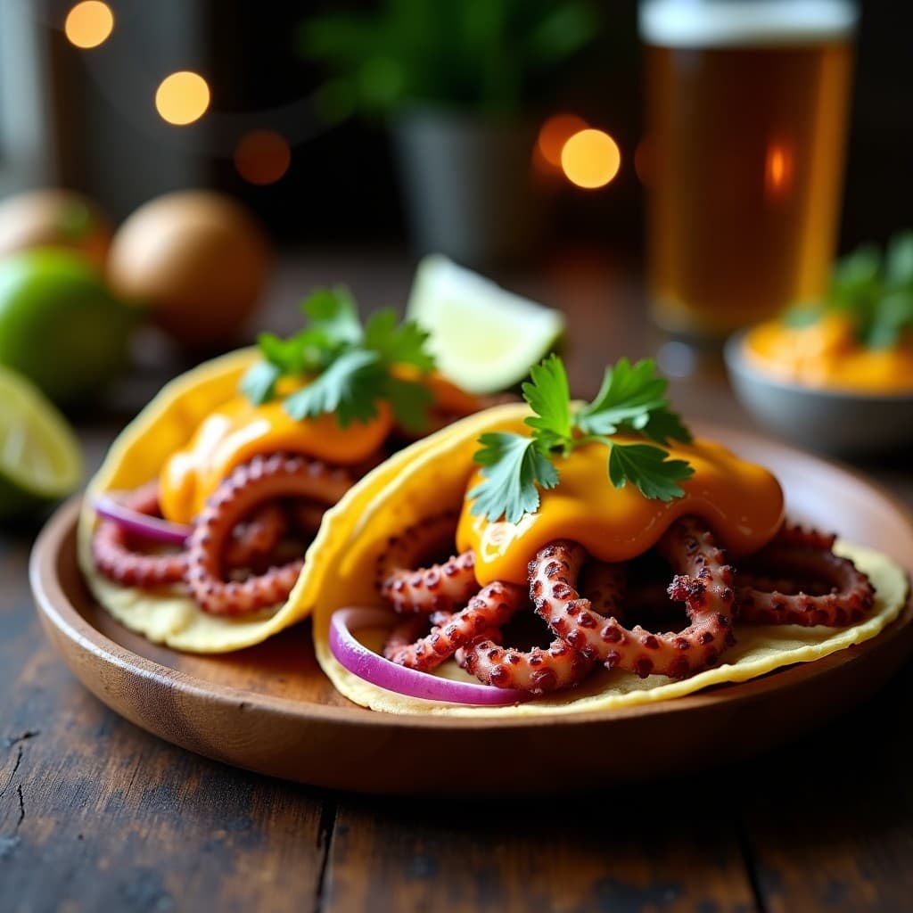 Tacos de Pulpo a la Brasa con Salsa de Aji limo y Lúcuma: Receta Peruana en Airfryer
