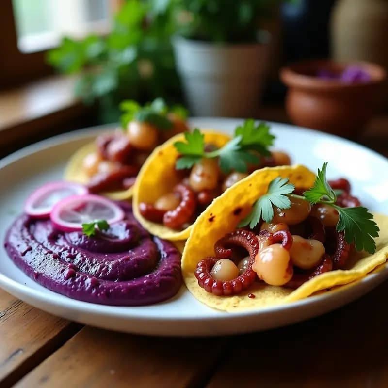 Tacos de Pulpo al Ají Panca con Puré de Camote Morado: Receta Reinterpretada Peruana en Thermomix