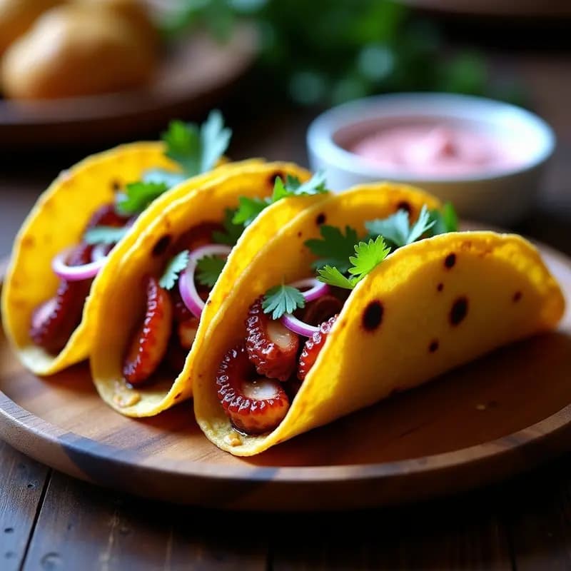 Tacos de Pulpo al Ají Panca con Crema de Camu Camu: Receta Peruana en Airfryer con Toque Afrutado