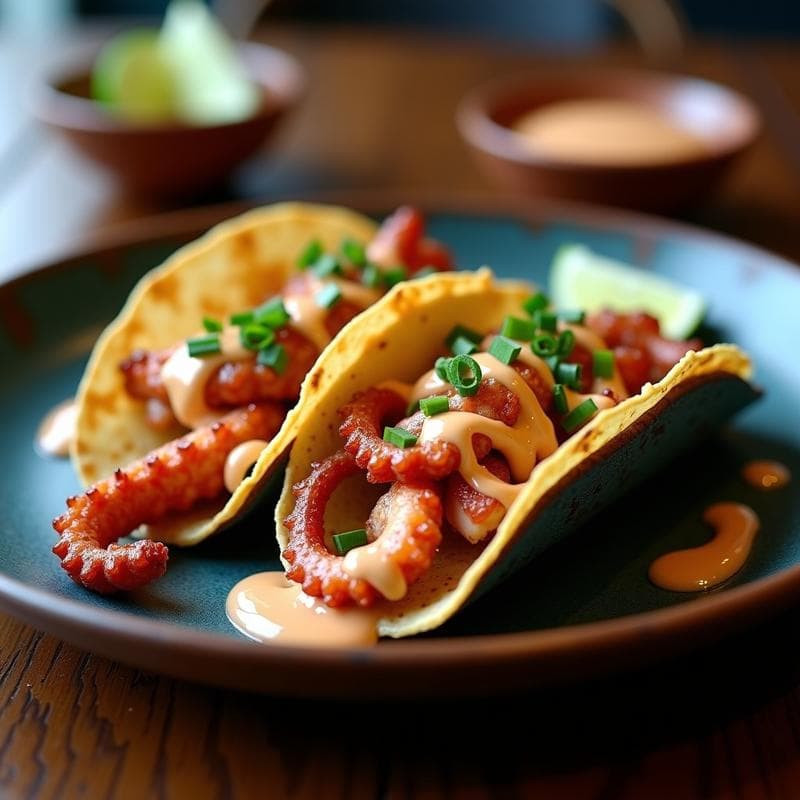 Tacos de Pulpo al Ajillo con Aioli de Kimchi: Receta Fusión Corea-Española Crujiente