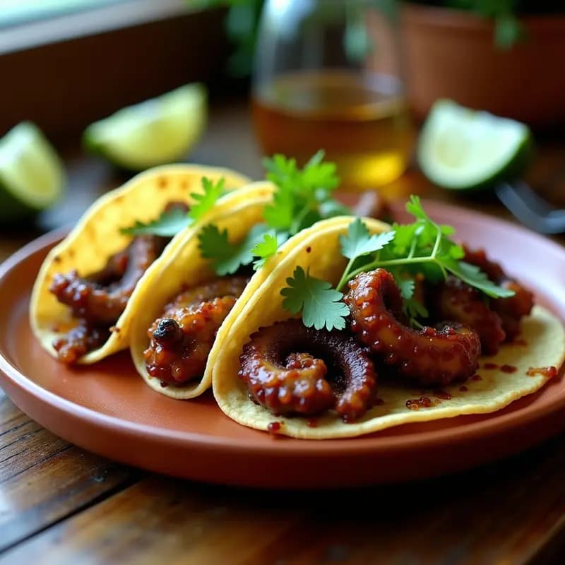 Tacos de Pulpo y Chorizo de Champiñones: Receta Fusión Mexicana-Española en Sartén
