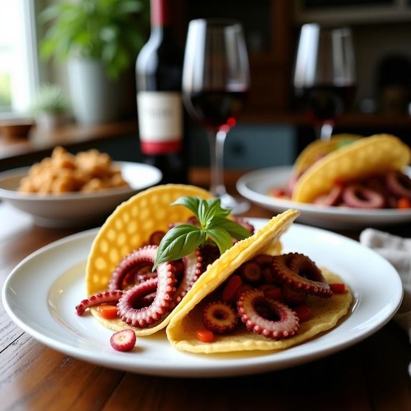 Tacos de Pulpo Confitado en Vino Tinto: Receta Española Fusion en Olla Lenta con Toque Mediterráneo