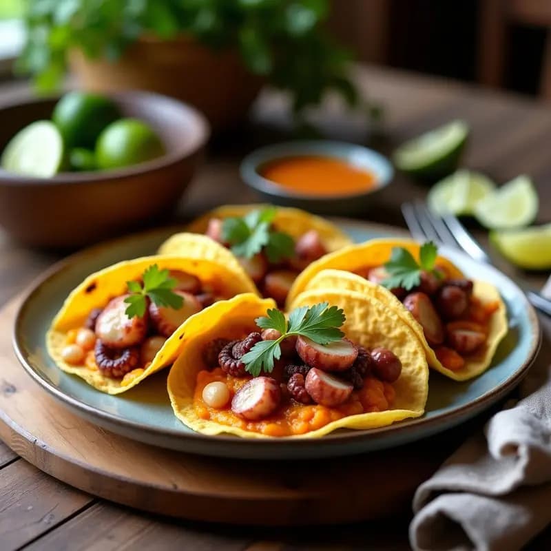 Tacos de Pulpo Escabechado con Puré de Auyama: Receta Vegana Peruana en 25 Minutos