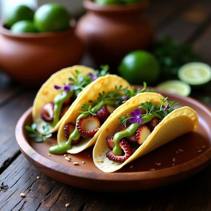 Tacos de Pulpo a la Plancha con Salsa de Aguacate y Microvegetales: Receta Peruana en 15 Minutos