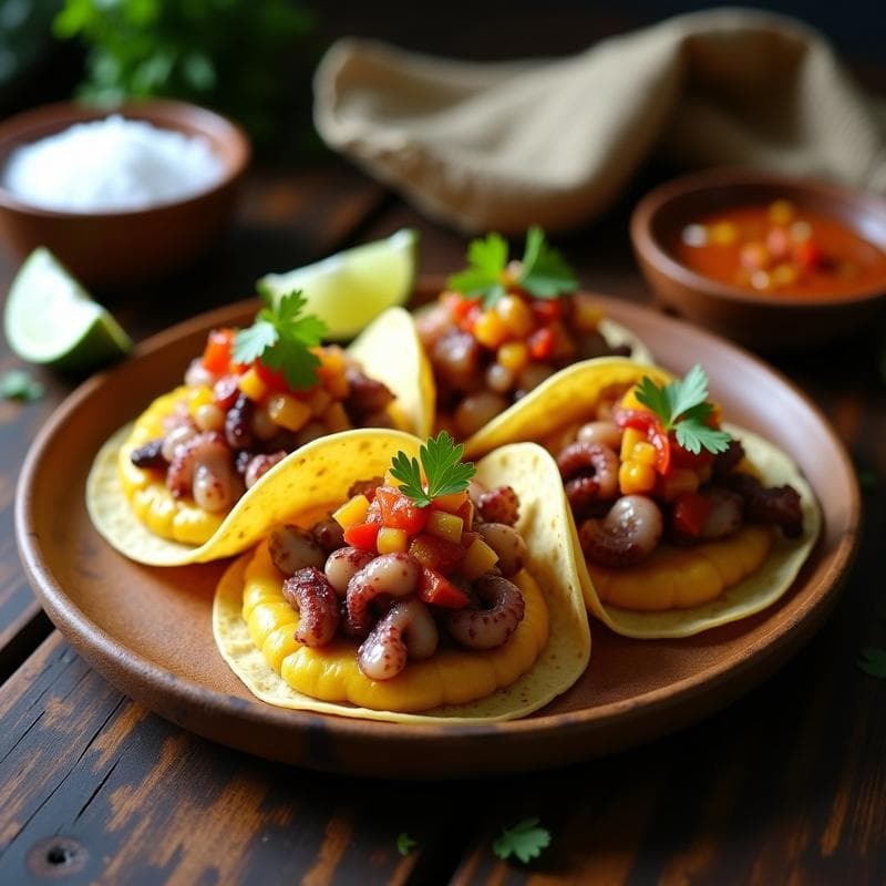 Tacos de Pulpo y Puré de Yuca con Salsa Criolla: Receta Costera Peruana