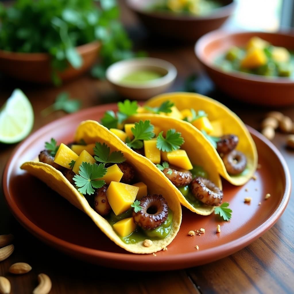 Tacos de Pulpo en Salsa Verde con Topping de Mango y Cacahuete: Receta Fusion Mexicano-Tailandés