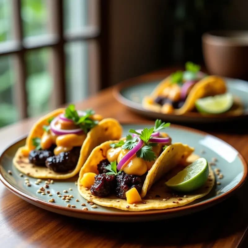 Tacos de pulpo marinado en tinta de calamar con salsa de wasabi y mango: Receta Japonesa-Mexicana gourmet en 25 minutos