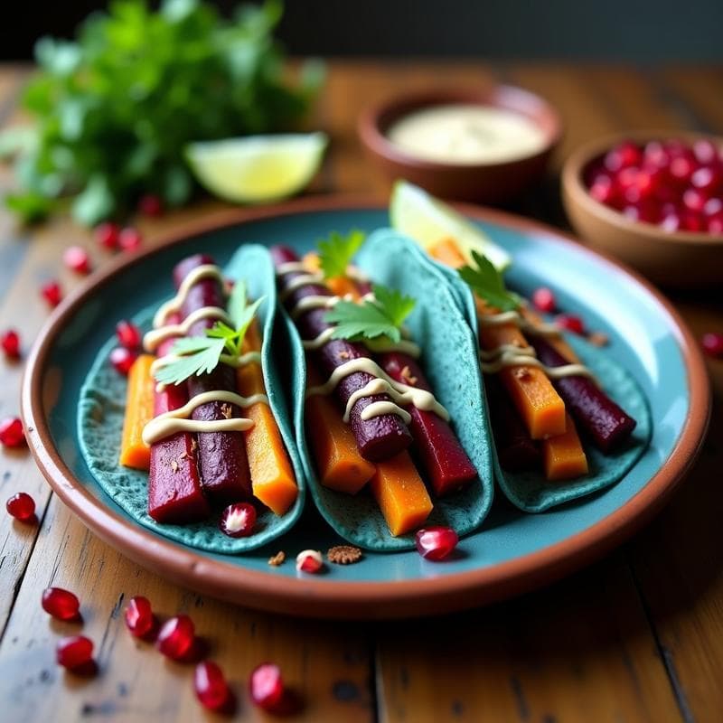 Tacos de Raíces Asadas con Aderezo de Tahini y Granada: Receta Vegana y Crujiente