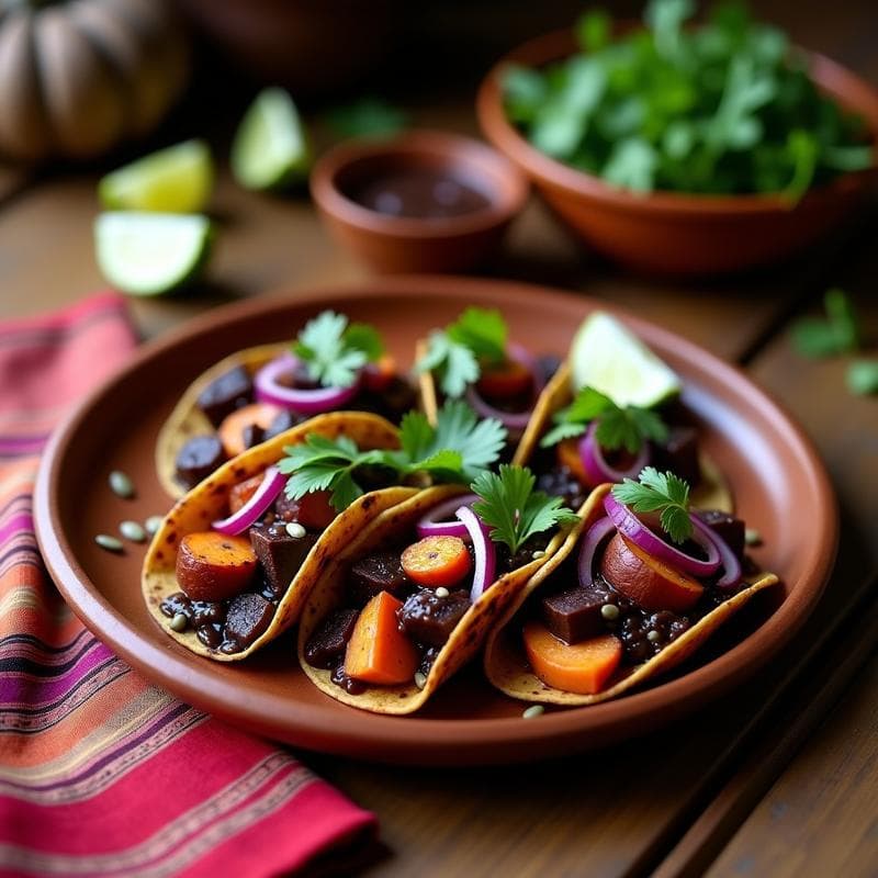 Tacos de Raíces Asadas con Mole Negro: Receta Mexicana Vegana en Olla Lenta