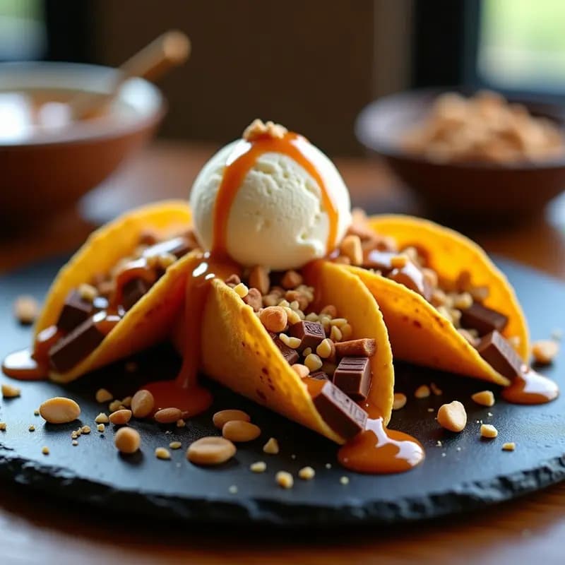 Tacos de Chocolates Snickers con Salsa de Caramelo y Helado: Postre Mexicano-Americano Único