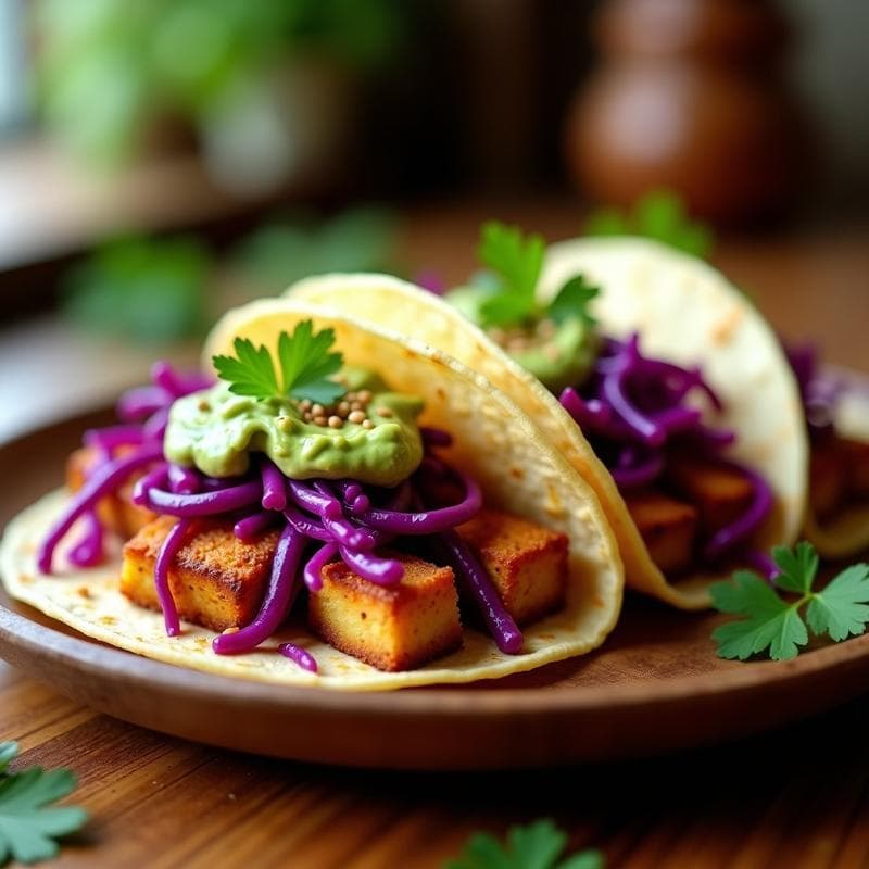 Tacos de tempeh marinado con repollo rojo y crema de aguacate: Receta indonesia vegana