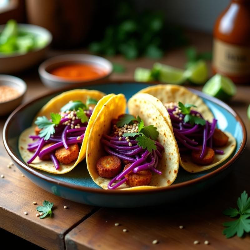 Tacos de Chorizo de Tempeh y Repollo Morado: Receta Vegana con Aderezo de Chipotle