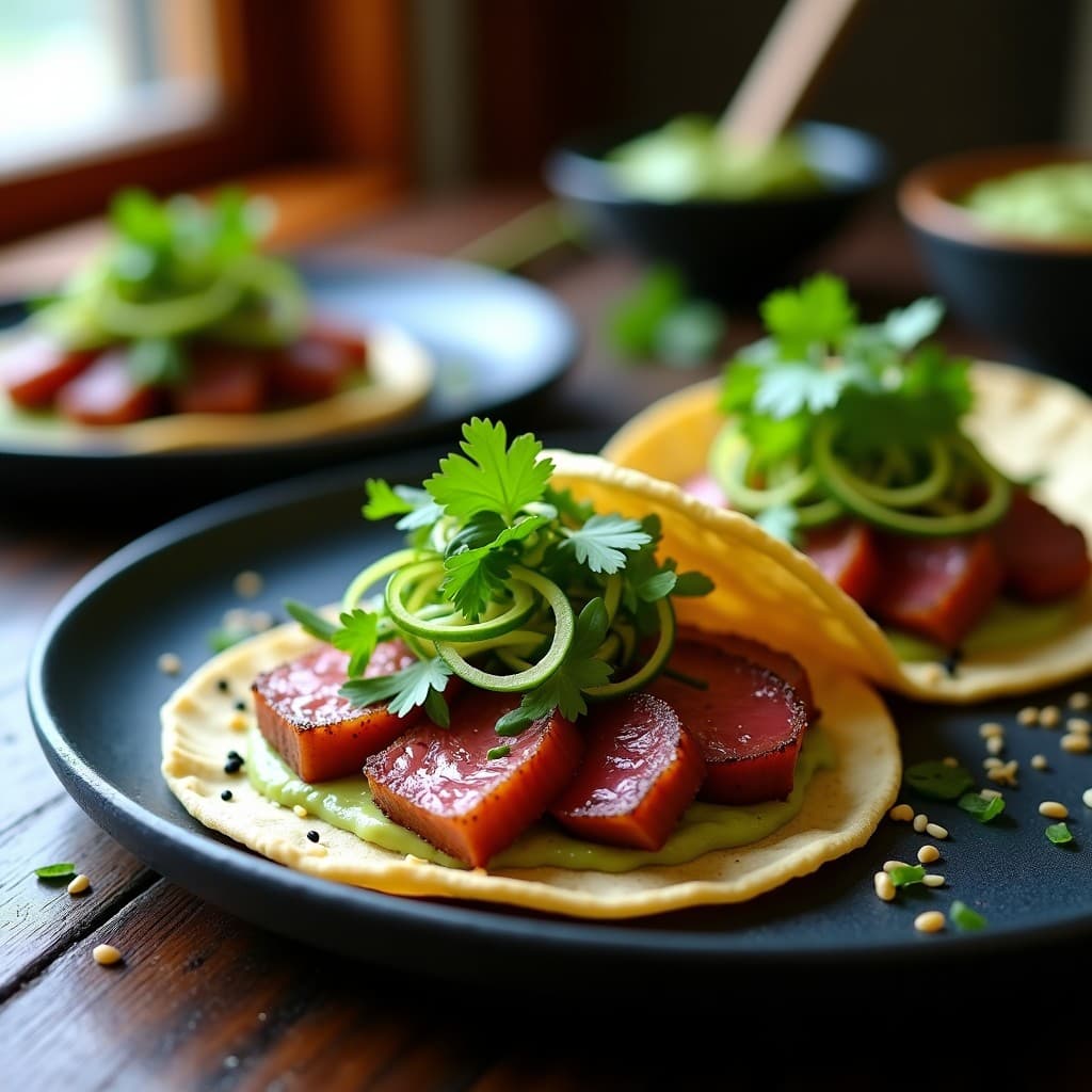 Tacos de Tuna Ahumada con Salsa de Wasabi y Aguacate: Receta Mexicana-Japonesa Fusion