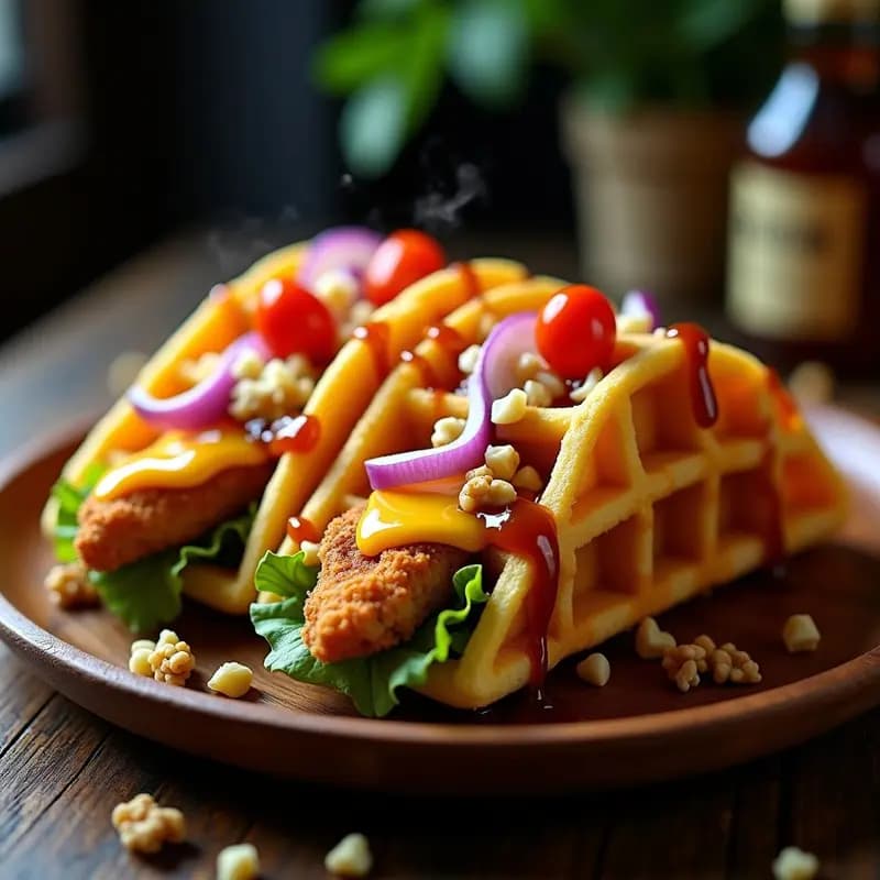 Tacos de Waffle con Pollo Crujiente y Sirope de Arce: Dulce y Salado en un Mismo Bite