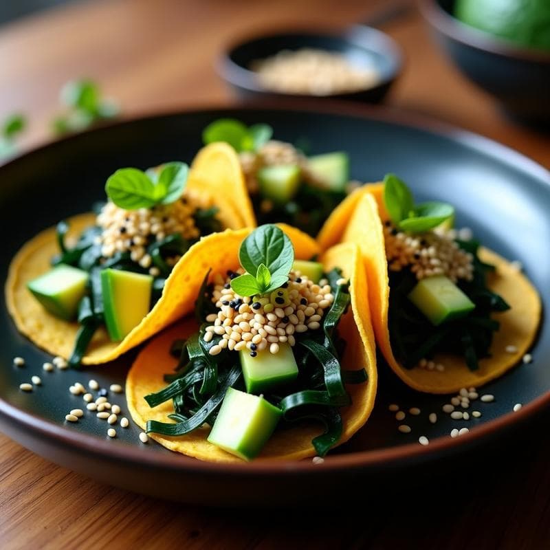 Tacos de Algas Wakame y Aguacate: Receta Vegana de Cocina Japonesa con Crunch de Sésamo