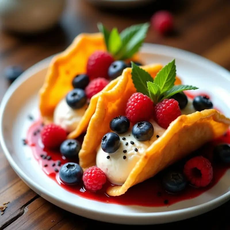 Tacos de Wonton Crujientes con Helado de Miso y Frutos Rojos: Postre Japonés-Mexicano Viral en 10 Minutos