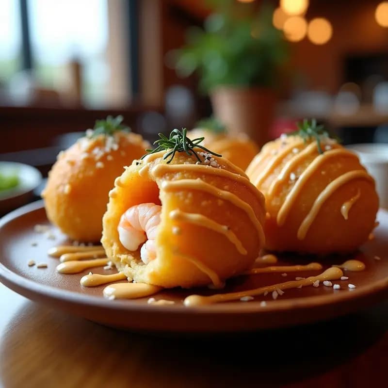 Tacoyaki Japonés con Camarón y Salsa Okonomiyaki: Receta Callejera en Sartén