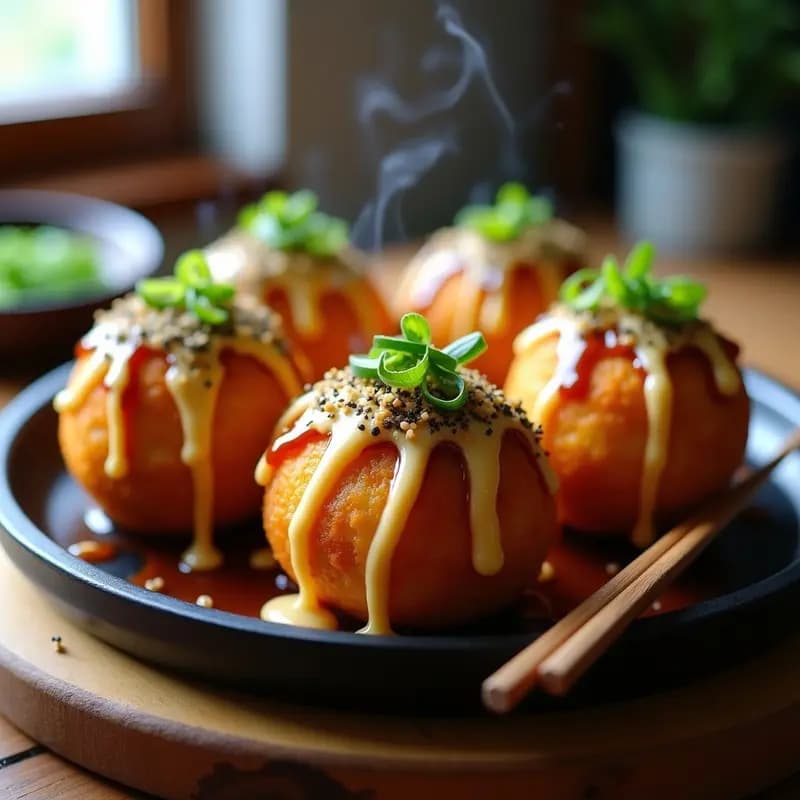Tacoyaki de Queso y Champiñones: Bolas Japonesas Veganas con Salsa Okonomiyaki y Kewpie